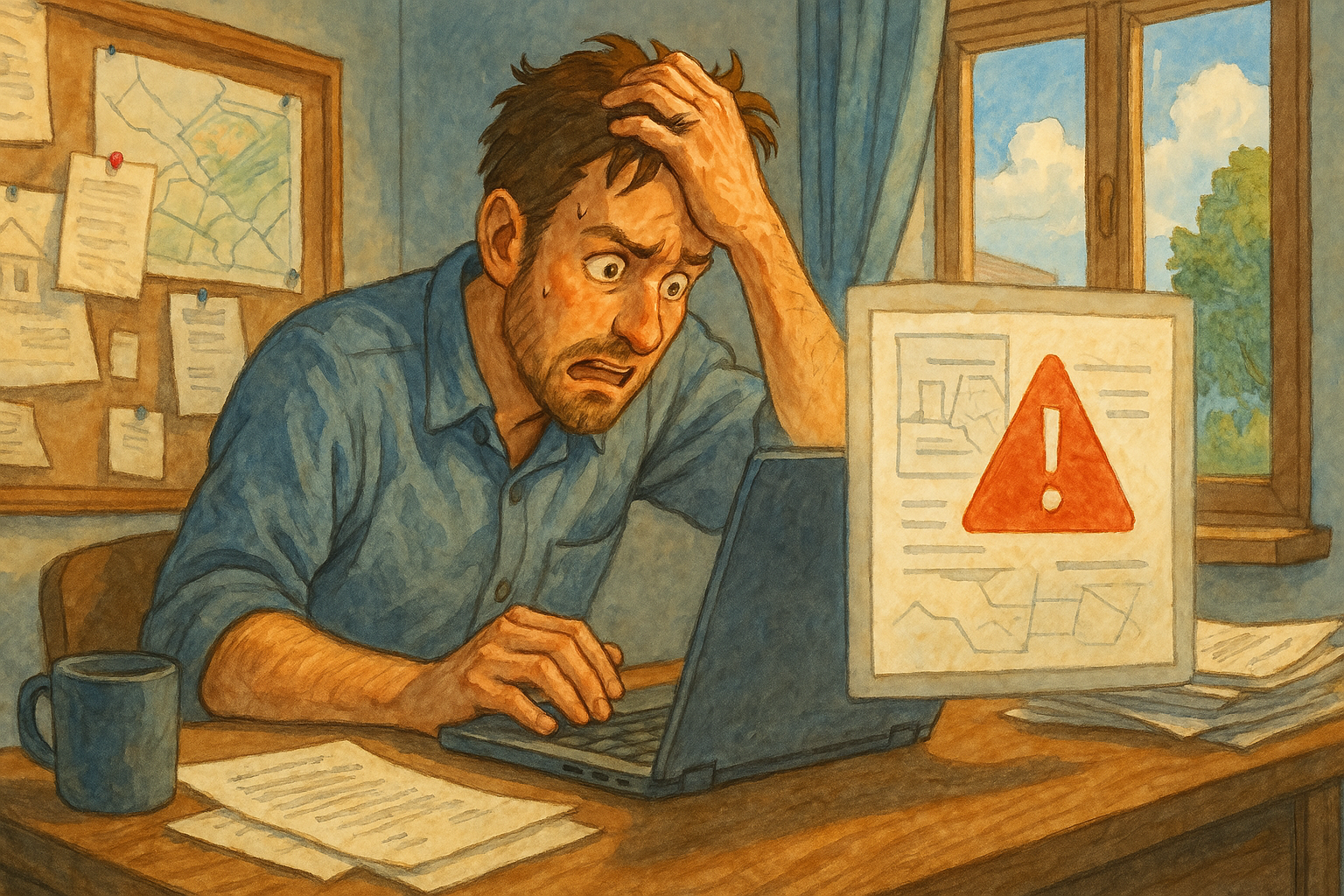 Illustration av en stressad handläggare före Medborgarhubben